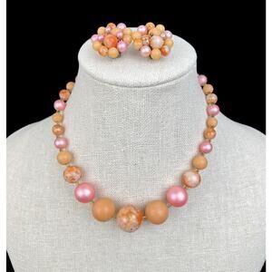 Japan Necklace Cluster Clip Earring Set Orange Pink Beads 60s Costume Jewelry
